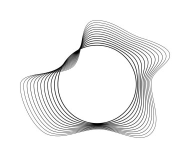 Dinamik dalgalı çizgili yuvarlak kıvrımlı ses dalgaları. Beyaz arka planda siyah dalgalı daireler. Tasarım elemanı. Vektör illüstrasyonu