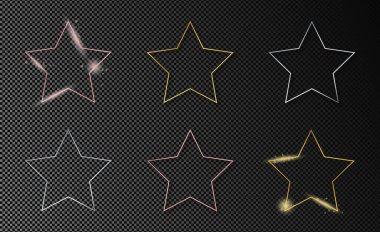 Koyu şeffaf arka planda izole edilmiş altı altın, gümüş ve gül rengi parıldayan yıldız şekilli çerçeve. Parlak efektli parlak bir çerçeve. Vektör illüstrasyonu