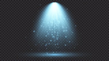 Spot ışıklarıyla birlikte soğuk mavi ışık. Koyu şeffaf bir arkaplanda sahne aydınlatma efektleri. Vektör illüstrasyonu