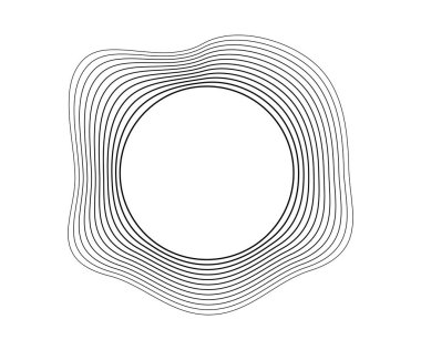Dinamik dalgalı çizgili yuvarlak kıvrımlı ses dalgaları. Beyaz arka planda siyah dalgalı daireler. Tasarım elemanı. Vektör illüstrasyonu