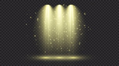 Üç spot ışığı olan soğuk sarı bir ışık. Koyu şeffaf bir arkaplanda sahne aydınlatma efektleri. Vektör illüstrasyonu