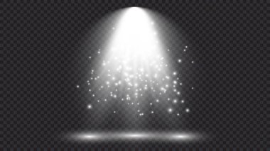 Spot ışıklarıyla birlikte soğuk beyaz ışık. Koyu şeffaf bir arkaplanda sahne aydınlatma efektleri. Vektör illüstrasyonu