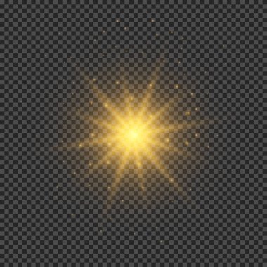 Lens fişeklerinin ışık etkisi. Şeffaf arkaplanda parıldayan turuncu ışıklar yıldız patlaması efektleri. Vektör illüstrasyonu
