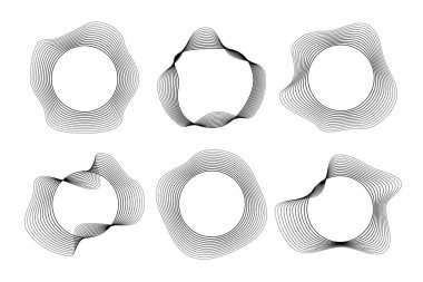 Dinamik dalgalı çizgili altı yuvarlak kıvrımlı ses dalgaları. Beyaz arka planda siyah dalgalı daireler koleksiyonu. Tasarım elemanı. Vektör illüstrasyonu