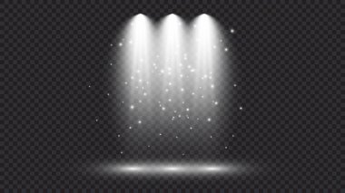 Üç spot ışığı olan soğuk beyaz bir ışık. Koyu şeffaf bir arkaplanda sahne aydınlatma efektleri. Vektör illüstrasyonu