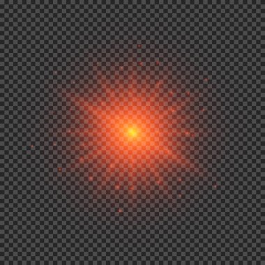 Lens fişeklerinin ışık etkisi. Şeffaf bir arka planda parıldayan kırmızı ışıklar yıldız patlaması efektleri. Vektör illüstrasyonu