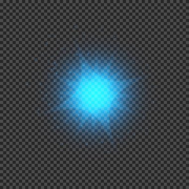 Lens fişeklerinin ışık etkisi. Şeffaf bir arka planda parıldayan mavi ışıklar yıldız patlaması efektleri. Vektör illüstrasyonu