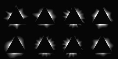 Big set of triangle illuminate frames with gradient. Eight white neon banners isolated on black background. Vector illustration