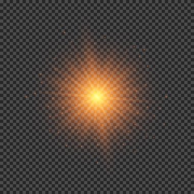 Lens fişeklerinin ışık etkisi. Şeffaf arkaplanda parıldayan turuncu ışıklar yıldız patlaması efektleri. Vektör illüstrasyonu