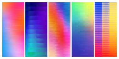 Beş adet buzlu kaburgalı cam doku seti. Bükülmüş cam yüzeydeki değişken yansımalar. Ilık, parlak bir yüzeye sahip ışıl ışıl bir ışık. Vektör İllüstrasyonu