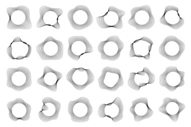 Dinamik dalgalı çizgileri olan büyük yuvarlak eğimli çerçeveler. Siyah arka planda beyaz dalgalı daireler koleksiyonu. Tasarım elemanı. Vektör illüstrasyonu