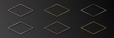Koyu şeffaf arka planda izole edilmiş altı adet altın, gümüş ve gül sarısı ışıldayan eşkenar dörtgen şekilli çerçeve. Parlak efektli parlak bir çerçeve. Vektör illüstrasyonu