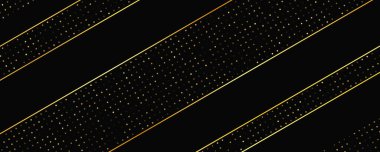 Soyut altın çizgileri ve parlak noktaları olan gösterişli, koyu bir arka plan. Işıldayan pırıltılı arkaplan. Modern şablonlar için şık ve zarif bir tasarım. Vektör illüstrasyonu