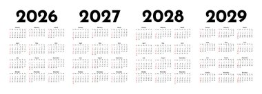 2026, 2027, 2028 ve 2029 için dört dikey takvim seti beyaz arka planda izole edildi. Pazardan pazartesiye, iş planı. Vektör illüstrasyonu