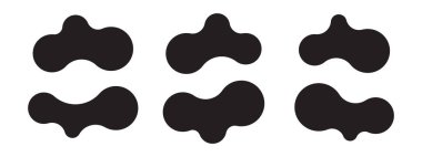 Birbirine bağlı noktalar ve şekil değiştiren kabarcıklar içeren altı soyut meta şekil seti. Sıvı, organik metabol formlu geometrik vektör simgeleri. Vektör illüstrasyonu