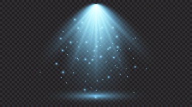 Spot ışıklarıyla birlikte soğuk mavi ışık. Koyu şeffaf bir arkaplanda sahne aydınlatma efektleri. Vektör illüstrasyonu