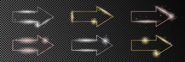 Koyu şeffaf arkaplanda altı adet altın, gümüş ve gül rengi parıldayan ok şeklindeki çerçeve. Parlak efektli parlak bir çerçeve. Vektör illüstrasyonu