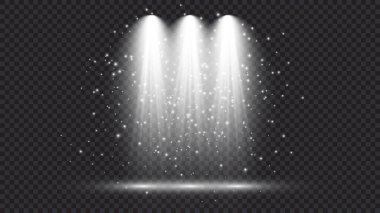 Üç spot ışığı olan soğuk beyaz bir ışık. Koyu şeffaf bir arkaplanda sahne aydınlatma efektleri. Vektör illüstrasyonu