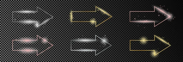 Koyu şeffaf arkaplanda altı adet altın, gümüş ve gül rengi parıldayan ok şeklindeki çerçeve. Parlak efektli parlak bir çerçeve. Vektör illüstrasyonu