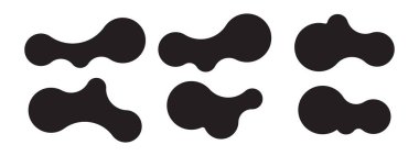 Birbirine bağlı noktalar ve şekil değiştiren kabarcıklar içeren altı soyut meta şekil seti. Sıvı, organik metabol formlu geometrik vektör simgeleri. Vektör illüstrasyonu