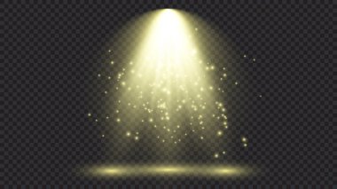 Sahne ışıklarıyla birlikte soğuk sarı ışık. Koyu şeffaf bir arkaplanda sahne aydınlatma efektleri. Vektör illüstrasyonu