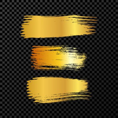 Üç altın fırça darbesi. El çizimi mürekkep lekeleri koyu şeffaf arka planda izole. Vektör illüstrasyonu