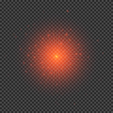 Lens fişeklerinin ışık etkisi. Şeffaf bir arka planda parıldayan kırmızı ışıklar yıldız patlaması efektleri. Vektör illüstrasyonu