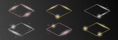 Koyu şeffaf arka planda izole edilmiş altı adet altın, gümüş ve gül sarısı parlayan eşkenar dörtgen çerçeve. Parlak efektli parlak bir çerçeve. Vektör illüstrasyonu