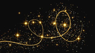 Altın parıldayan konfeti dalgası ve yıldız tozu. Koyu arkaplanda altın sihirli parıltılarla arka plan. Vektör illüstrasyonu