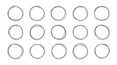 Soyut, minimalist tarzda el çizimi büyük daireler. Dağınık yuvarlak çizgi şekilleri modern grafik tasarım, markalaşma, sunumlar, sosyal medya iletileri ve yaratıcı çizimler için mükemmeldir. Vektör illüstrasyonu