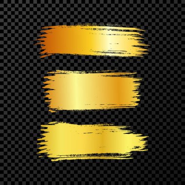 Üç altın fırça darbesi. El çizimi mürekkep lekeleri koyu şeffaf arka planda izole. Vektör illüstrasyonu