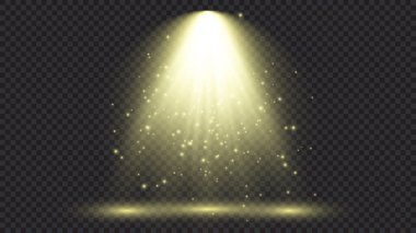 Sahne ışıklarıyla birlikte soğuk sarı ışık. Koyu şeffaf bir arkaplanda sahne aydınlatma efektleri. Vektör illüstrasyonu