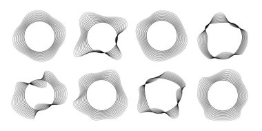 Dinamik dalgalı çizgili sekiz yuvarlak kıvrımlı ses dalgaları. Beyaz arka planda siyah dalgalı daireler koleksiyonu. Tasarım elemanı. Vektör illüstrasyonu