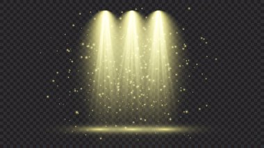 Üç spot ışığı olan soğuk sarı bir ışık. Koyu şeffaf bir arkaplanda sahne aydınlatma efektleri. Vektör illüstrasyonu