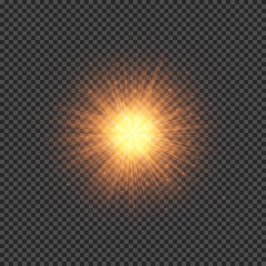 Lens fişeklerinin ışık etkisi. Şeffaf arkaplanda parıldayan turuncu ışıklar yıldız patlaması efektleri. Vektör illüstrasyonu