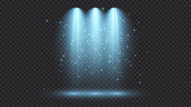 Üç spot ışığı olan soğuk mavi bir ışık. Koyu şeffaf bir arkaplanda sahne aydınlatma efektleri. Vektör illüstrasyonu