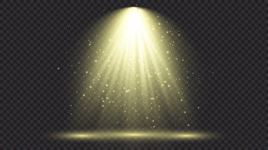 Sahne ışıklarıyla birlikte soğuk sarı ışık. Koyu şeffaf bir arkaplanda sahne aydınlatma efektleri. Vektör illüstrasyonu