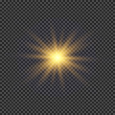 Lens fişeklerinin ışık etkisi. Şeffaf arkaplanda parıldayan turuncu ışıklar yıldız patlaması efektleri. Vektör illüstrasyonu