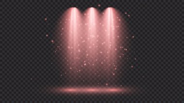 Üç spot ışığı olan soğuk kırmızı bir ışık. Koyu şeffaf bir arkaplanda sahne aydınlatma efektleri. Vektör illüstrasyonu