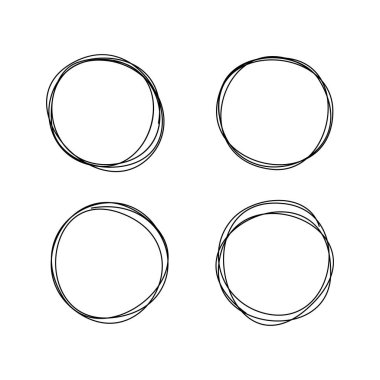 Soyut, minimalist tarzda dört adet el çizimi daireler. Dağınık yuvarlak çizgi şekilleri modern grafik tasarım, sunumlar ve sosyal medya paylaşımları için mükemmeldir. Vektör illüstrasyonu