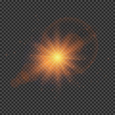 Lens fişeklerinin ışık etkisi. Şeffaf arkaplanda parıldayan turuncu ışıklar yıldız patlaması efektleri. Vektör illüstrasyonu