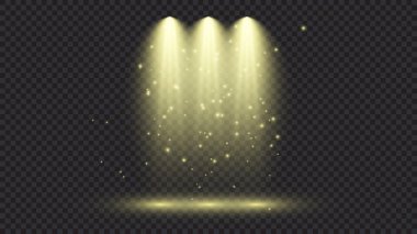 Üç spot ışığı olan soğuk sarı bir ışık. Koyu şeffaf bir arkaplanda sahne aydınlatma efektleri. Vektör illüstrasyonu