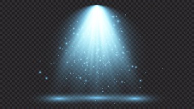 Spot ışıklarıyla birlikte soğuk mavi ışık. Koyu şeffaf bir arkaplanda sahne aydınlatma efektleri. Vektör illüstrasyonu