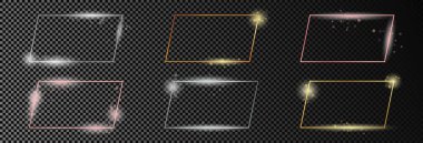 Koyu şeffaf arkaplanda izole edilmiş altı altın, gümüş ve gül sarısı dikdörtgen şekilli çerçeve. Parlak efektli parlak bir çerçeve. Vektör illüstrasyonu