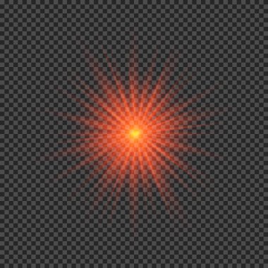 Lens fişeklerinin ışık etkisi. Şeffaf bir arka planda parıldayan kırmızı ışıklar yıldız patlaması efektleri. Vektör illüstrasyonu
