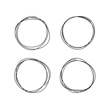 Soyut, minimalist tarzda dört adet el çizimi daireler. Dağınık yuvarlak çizgi şekilleri modern grafik tasarım, sunumlar ve sosyal medya paylaşımları için mükemmeldir. Vektör illüstrasyonu