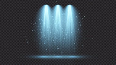 Üç spot ışığı olan soğuk mavi bir ışık. Koyu şeffaf bir arkaplanda sahne aydınlatma efektleri. Vektör illüstrasyonu