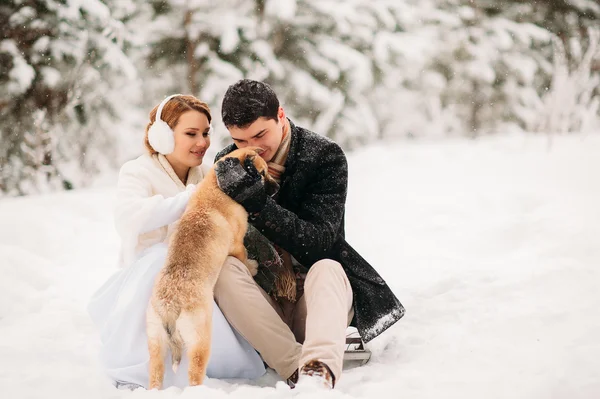 Casal com um cão na floresta de inverno — Fotografia de Stock