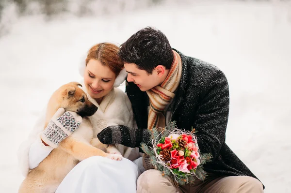 Casal com um cão na floresta de inverno — Fotografia de Stock