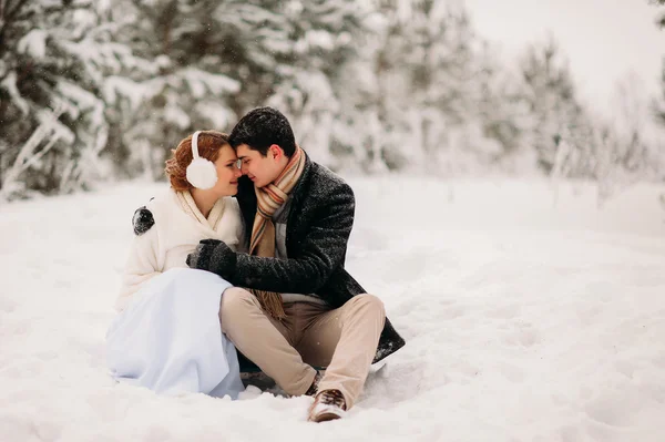 Casal em uma floresta de pinheiro — Fotografia de Stock